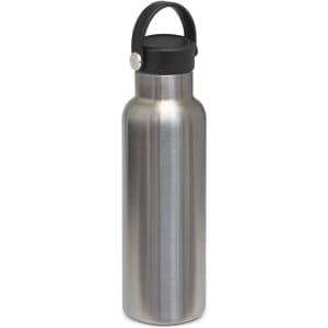 A stainless steel drink bottle with a black carry lid and a sleek, modern design. It features a branding logo.
