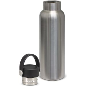 A drink bottle made of stainless steel with a removable black carry lid. It features a sleek, polished finish.