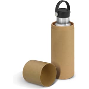 A drink bottle with a stainless steel finish, housed in a brown cardboard container, featuring a carry lid and a logo.