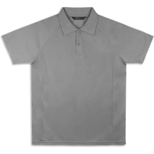 A grey polo shirt featuring a collar and buttons, with a logo on the chest area.