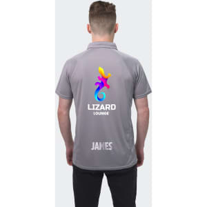 A grey men's polo shirt featuring a colourful logo on the back and the name "JAMES."