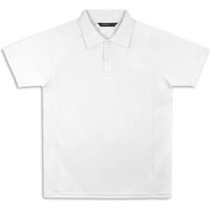 A white polo shirt with a collar and a logo on the chest, featuring short raglan sleeves.