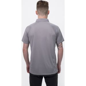 A grey men's polo shirt with a collar and a logo on the back, designed for performance.