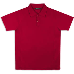 A red polo shirt featuring a collar, short sleeves, and a logo.