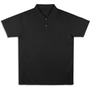 A black polo shirt with a collar and button placket, featuring a logo on the chest.