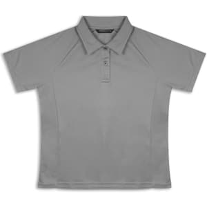A grey women's polo shirt with a collar and short sleeves, featuring a brand logo.