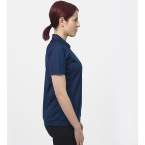 A navy women's polo shirt with a collar and short sleeves, featuring a logo on the front.