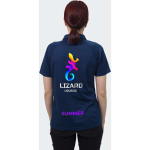 A navy women's polo shirt with a colourful logo and branding on the back, featuring a collared design.