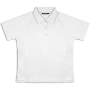 A white women's polo shirt with short sleeves and a collar, featuring a logo on the chest.
