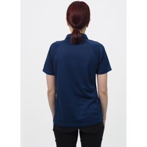A navy blue women's polo shirt with a smooth fabric and a collar, featuring a branding logo.