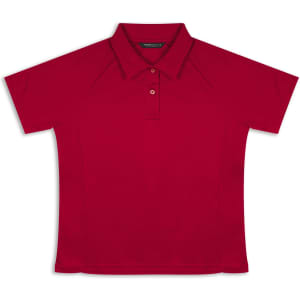 A red TRENDSWEAR Ace Performance women's polo shirt featuring a collar and a logo.