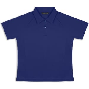 A navy blue women's polo shirt with a collar and short sleeves, featuring a logo on the chest.