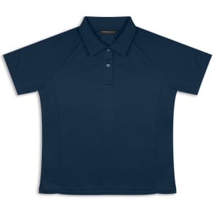 A navy blue women's polo shirt with short sleeves and a collar, featuring a logo.