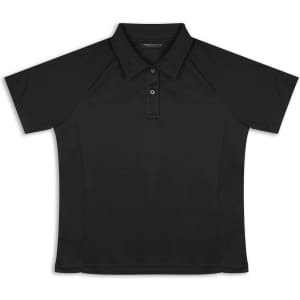 A black women's polo shirt with short sleeves and a collar. It features a logo on the chest.