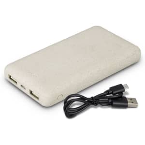 A light grey power bank with two USB ports and a black charging cable. The power bank has a smooth, textured surface.