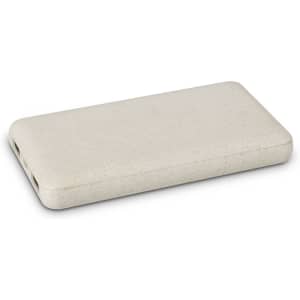 A light grey power bank with a smooth finish and dual USB ports, featuring a subtle branding logo.