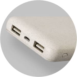 A power bank in a light beige colour with two USB ports and a USB-C port, featuring a logo.