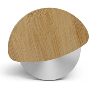A bamboo pizza cutter with a circular stainless steel blade and a wooden handle, featuring a natural bamboo finish.
