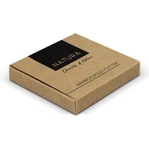 A brown kraft box containing a bamboo pizza cutter, featuring a logo on the top.