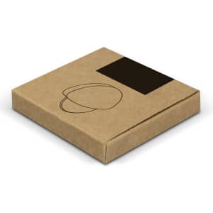 A square cardboard box with a minimalist design, featuring an illustration on a brown surface.