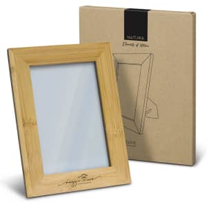 A wooden photo frame in a light bamboo finish, displayed next to its cardboard packaging.