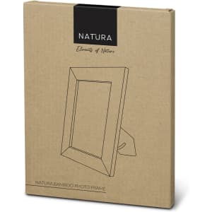 A bamboo photo frame in a natural finish, packaged in a simple cardboard box with branding.