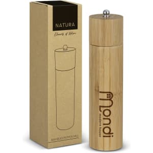 A bamboo pepper mill in a tall, cylindrical shape, accompanied by a simple cardboard box with branding.