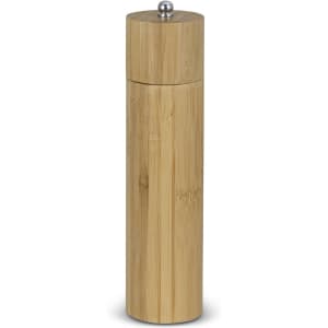 A bamboo pepper mill with a sleek cylindrical design and a silver top, featuring a simple branding logo.