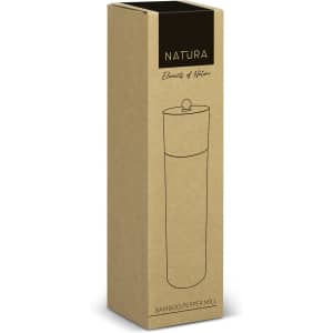 A bamboo pepper mill in a sleek, tall design, presented in a simple, eco-friendly packaging.