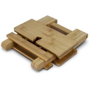 A bamboo folding wine table in natural wood finish, showcasing a compact and portable design with a cut-out feature.