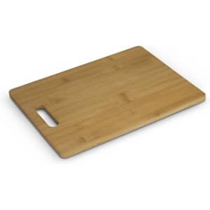 A bamboo rectangle chopping board in natural tones with a handle. It features a smooth surface and a simple design.