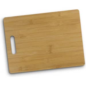 A bamboo rectangle chopping board with a handle, showcasing a light brown wood finish and a smooth surface.
