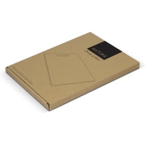 A rectangular chopping board packaged in a brown box, featuring a simple design and a logo on the front.