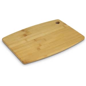 A bamboo chopping board with a smooth surface and a hole for hanging. It features a natural wood finish.