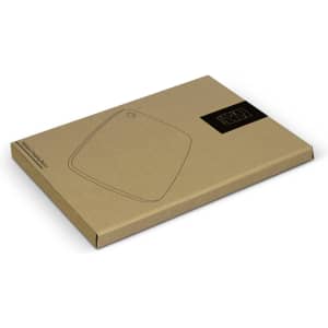 A bamboo chopping board in a light brown packaging with a simple design and logo.
