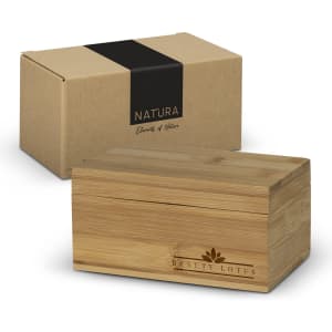 A bamboo tea box with a wooden finish, featuring a logo and a kraft paper packaging box with a black band.