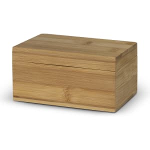 A bamboo tea box with a smooth finish, featuring a simple, rectangular design and a sliding lid.