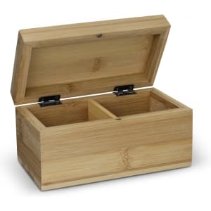 A bamboo tea box with a hinged lid and two compartments. It features a natural bamboo finish and a metallic hinge.
