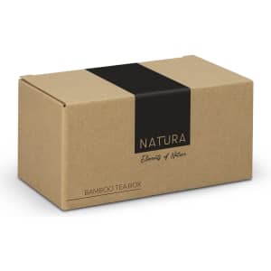A bamboo tea box in a natural kraft finish, featuring a black logo, closed and rectangular in shape.