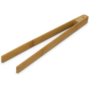 Bamboo serving tongs in a natural finish, featuring a simple design and a hole for easy storage.