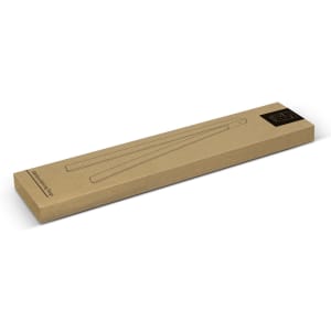 Bamboo serving tongs in a rectangular kraft paper box with a logo, featuring a natural wood finish.