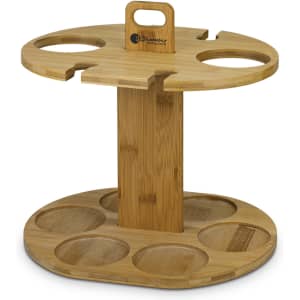 A bamboo wine rack featuring a circular design with spaces for holding multiple bottles. Eco-friendly and sturdy.