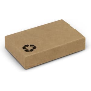 A kraft cardboard box with a recycle logo, designed for packaging playing cards.