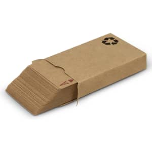 A set of playing cards in a brown kraft paper box, featuring a recycling symbol on the cover.