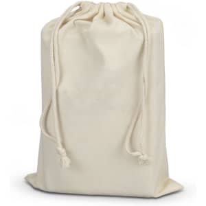 A cream drawstring pouch made of fabric, featuring two ropes for closure.