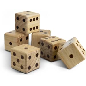 A set of six wooden yard dice, featuring natural wood grain and black dots for numbers.