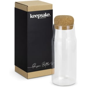 A drink bottle with a clear glass body and a cork lid, presented in a box featuring a logo.
