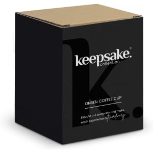A black box containing a Keepsake Onsen Coffee Cup, featuring a logo and minimalist design.