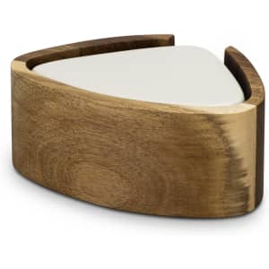 A wooden coaster set in a triangle shape with a smooth white surface, featuring a rich brown wood base and curved edges.