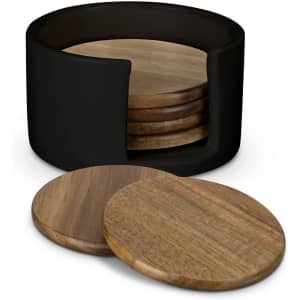 A set of wooden coasters in a black holder, featuring a smooth, round design with a natural finish.